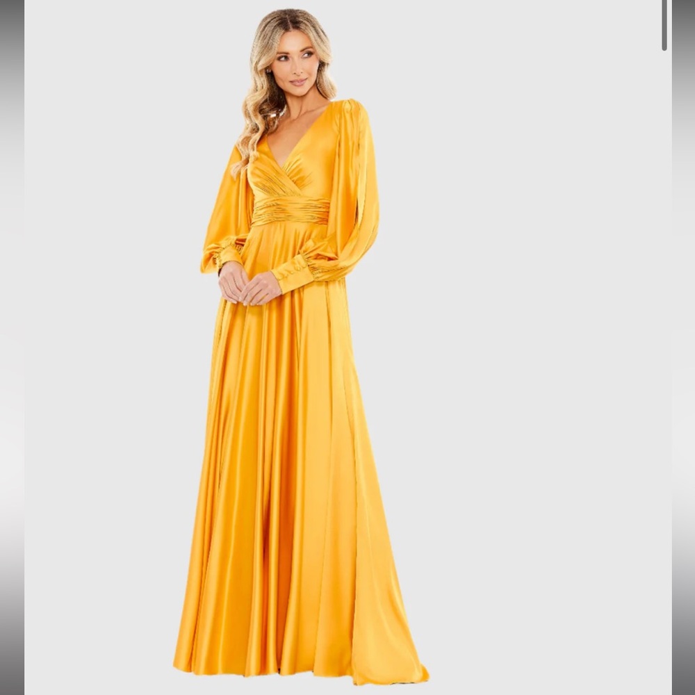 Ieena for Mac Duggal Split Bishop Sleeve Wrap Over Flowy Gown NWOT